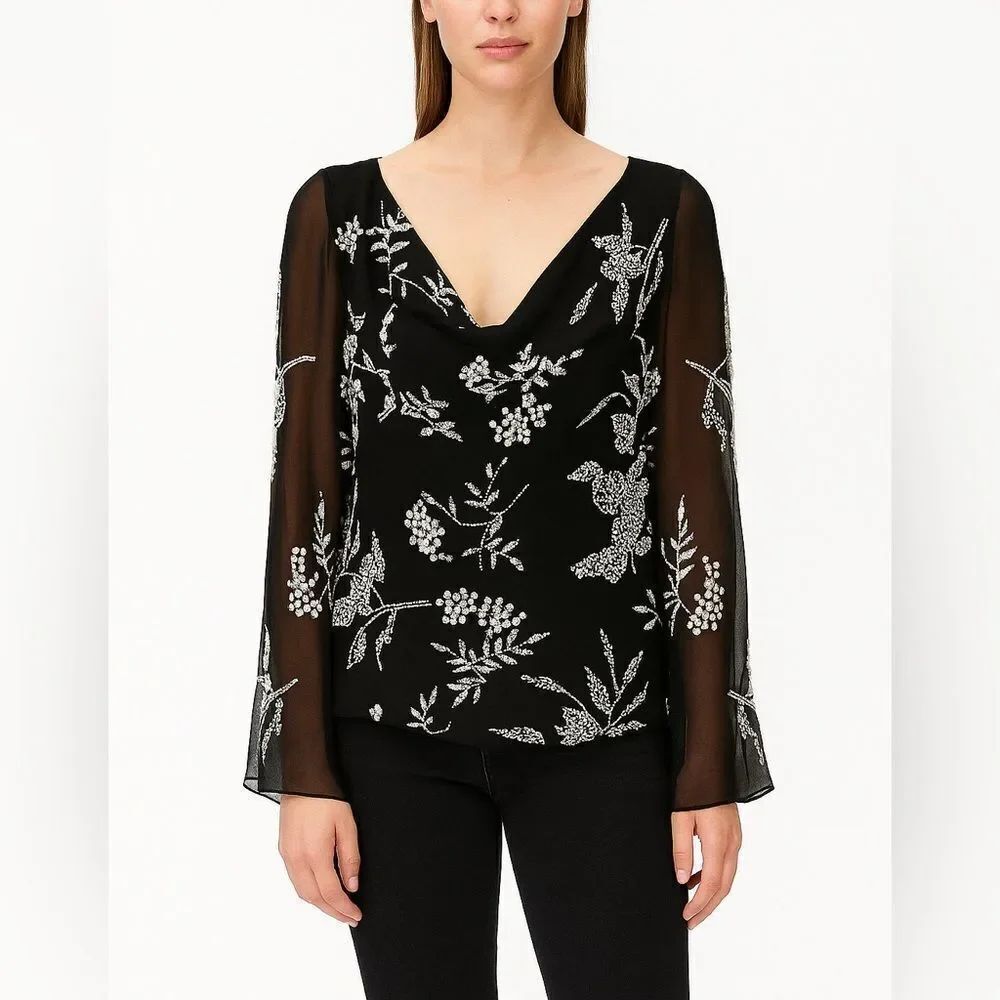 J Laxmi New York Black Beaded Blouse Floral Embellished PXL Evening Top
